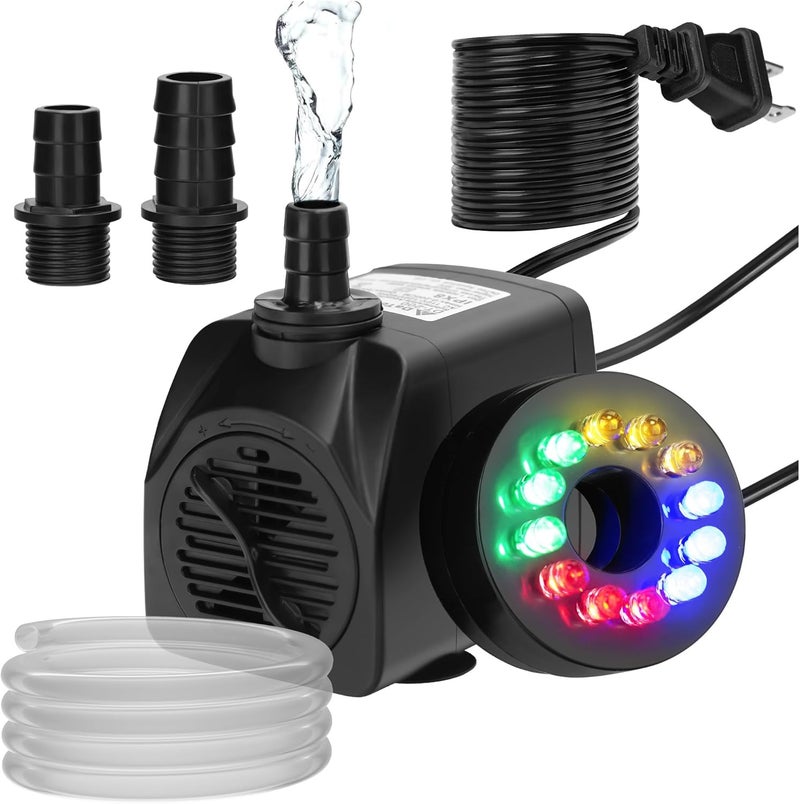 DATOO Mini Submersible Fountain Water Pump With LED Light 400GPH 25W Small Ultra Quiet Water Pump With Tubing For Aquarium Fish Tank Outdoor Pond Water Feature Fountain Statuary - Image 1